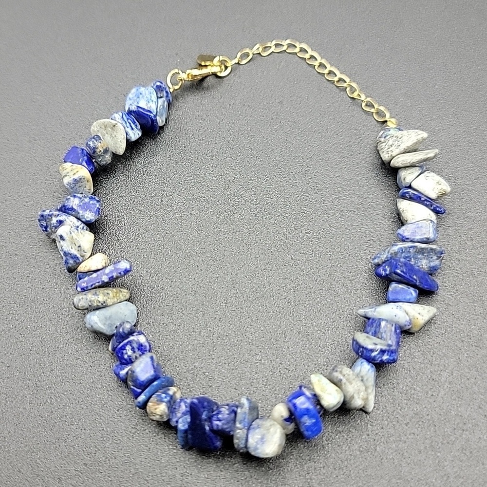 NEW Blue Lapis Chip Bracelet Gold Tone Natural Gemstone Lobster Size 7.5 - 8"